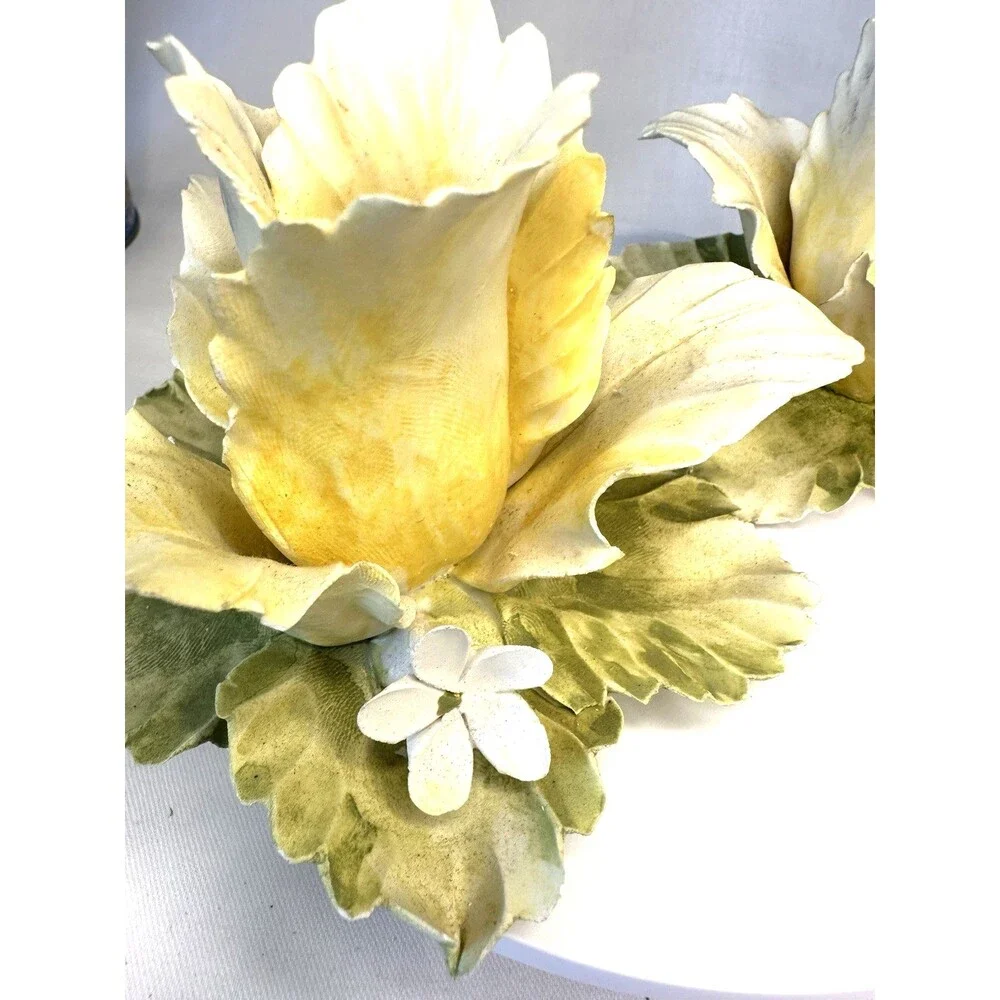 Vintage Set of 2 Mira Capodimonte Rose Single Candle Holders Yellow &White Italy